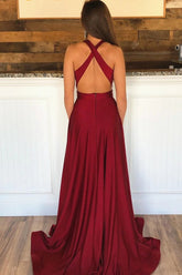 Burgundy V-Neck Long Prom Dress, Backless Formal Evening Dress